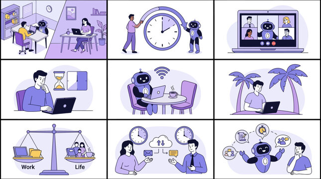 Comprehensive vector illustration set showcasing flexible hybrid working hours with diverse characters engaged in part-time freelance remote tasks and professional full-time office employment.
