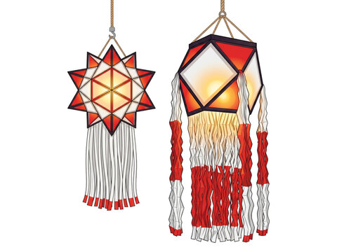 Geometric Red and White Hanging Vesak Lantern Set with Intricate Tassels for Sri Lankan Poya Festival and Traditional Wesak Celebration Banners