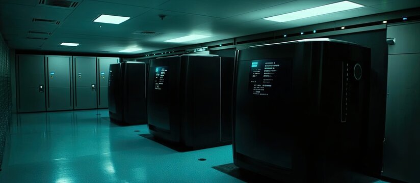 Futuristic Server Room: Dark, Teal-Lit, Data Center, Technology, Cyberpunk Aesthetic.