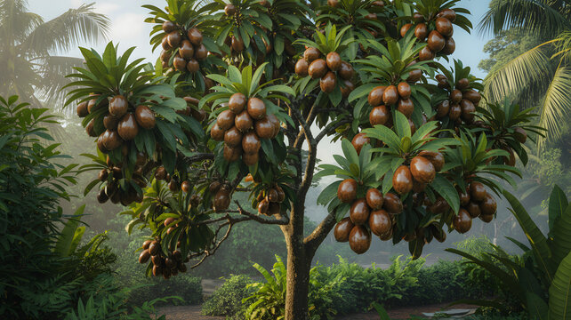 Green sapodilla tree with brown fruits in tropical setting