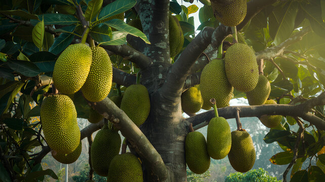 Green jackfruits hanging from tree branches in sunlight