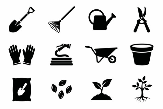 Gardening tools and plant growth icons set