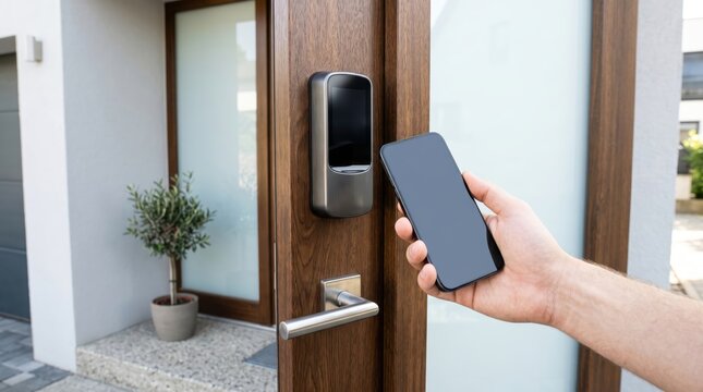 Hand holding phone to smart lock on wooden door at home entrance