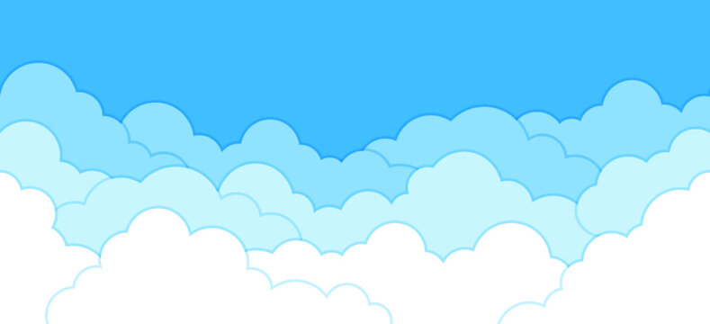 Blue sky with white clouds vector background. Clouds border decoration. Simple cartoon frame design. Flat style vector illustration