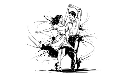 Obraz premium Black and White Ink Illustration of a Dancing Couple