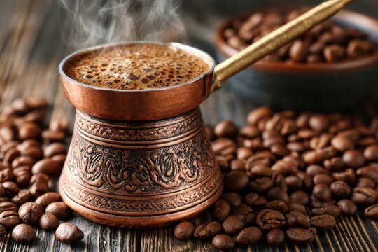 Steaming hot traditional Turkish coffee brewing in a decorative copper cezve with roasted coffee beans scattered around.
