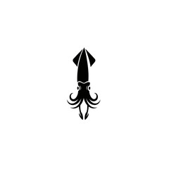 Fototapeta premium Black Silhouette of a Squid or Octopus with Tentacles and Eyes on a White Background Vector Illustration