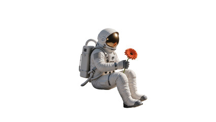 Astronaut in white suit holding orange flower, isolated on transparent background © Elena
