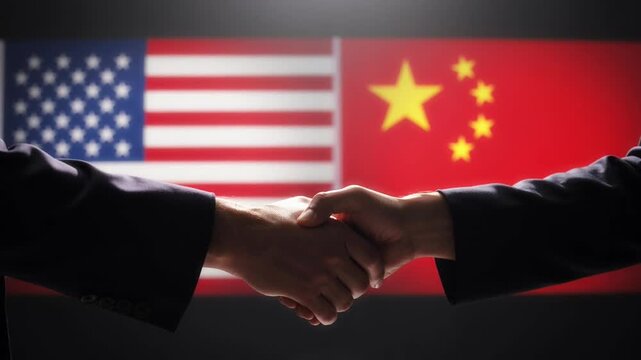 Diplomatic handshake between USA and China representatives with flags