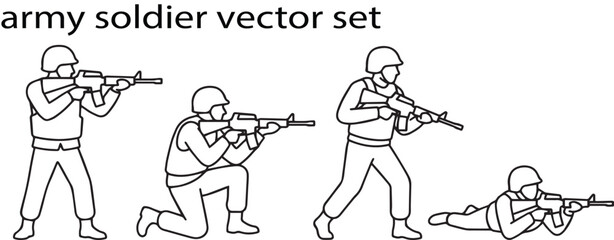 Fototapeta premium Line Art Set of Four Army Soldiers in Different Poses with Rifles Keywords: army, soldier, military, free image downlod