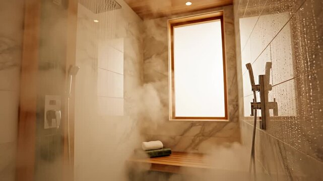 Kamar Mandi Shower Uap Modern. Kamar mandi modern dengan shower hujan (rain shower) dan hand shower yang sedang mengeluarkan uap tebal, menampilkan suasana hangat seperti spa dengan dinding keramik, p