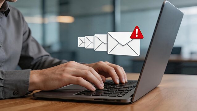 Person typing on laptop with email alert warning notification, indicating urgent messages, spam detection or security threats online.