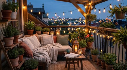 Obraz premium Outdoor balcony seating with string lights at dusk view