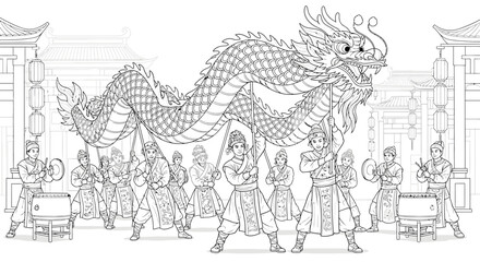 Obraz premium Chinese Dragon Dance Parade Coloring Page