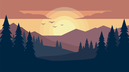 Geometric flat vector art of a dusk landscape with birds flying over a conifer forest and mountain horizon. Ideal for travel and outdoor themes. © Tamar