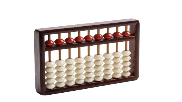 Antique wooden abacus with red and white beads, isolated on transparent background