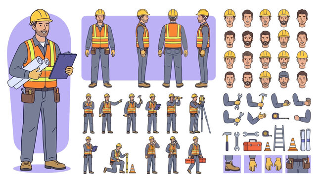 Professional construction worker builder character creator kit featuring male industrial engineer in safety helmet and reflective vest for animation including front side back view and posture.