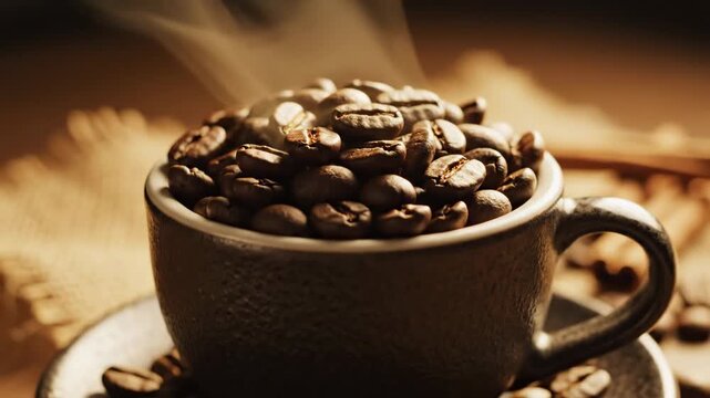Freshly roasted coffee beans overflowing in a ceramic cup with rising steam and warm lighting.