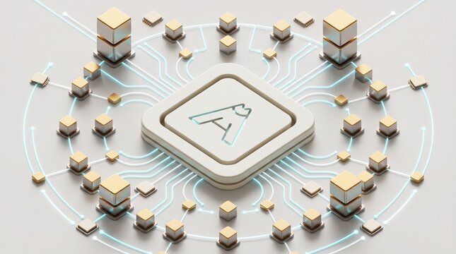 3D network of secure server nodes with database icon, futuristic glowing connections