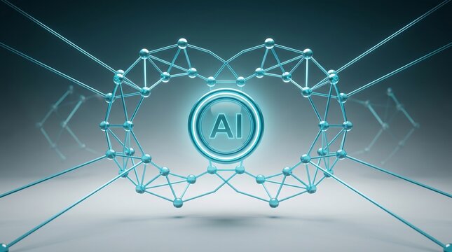 Abstract artificial intelligence network concept with glowing AI monogram in 3D background