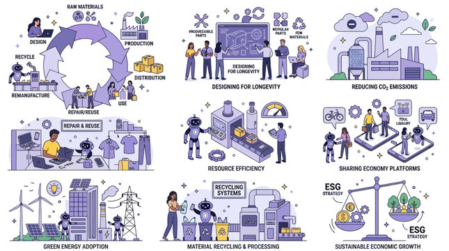 Vector illustration set of sustainable circular economy icons, ESG green energy industry strategy, resource recycling, carbon neutral growth, climate impact reduction, and ecological business.