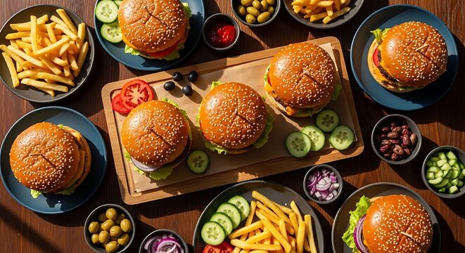 Top view of gourmet burgers and fries on a wooden table