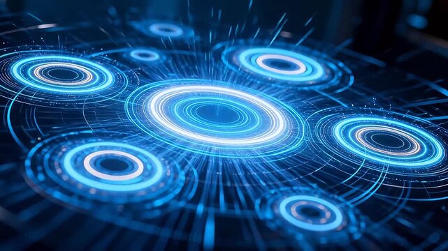Futuristic blue glowing concentric rings with digital lines on dark background