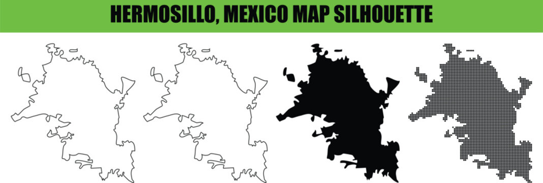 Hermosillo mexico city map silhouette in four different graphic design styles isolated on transparent checkered background.