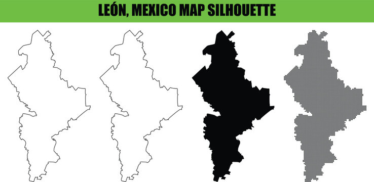Leon mexico map silhouette vector collection featuring city borders in outline and dotted styles for travel design usage.