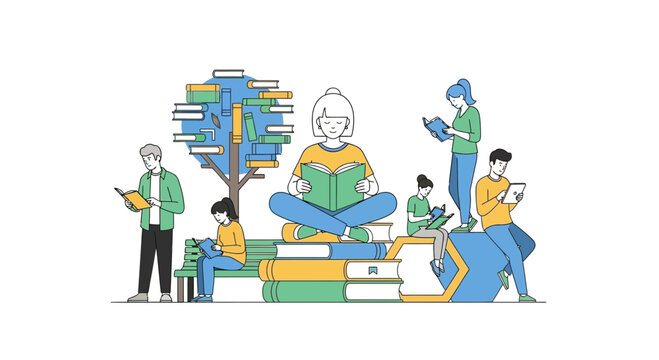 Diverse People Reading Books Outdoors, Knowledge Tree, Education Concept