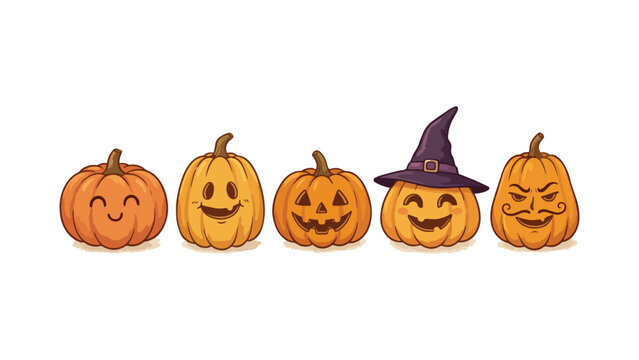 Five smiling pumpkins with different faces and one wearing a witch hat