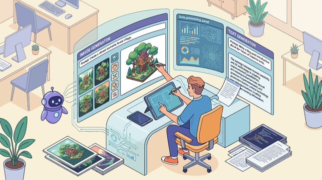 Professional Designer Utilizing Generative Artificial Intelligence Software to Create Digital Content Text and Artistic Images Flat Isometric Vector Illustration for Modern Future Technology Concept