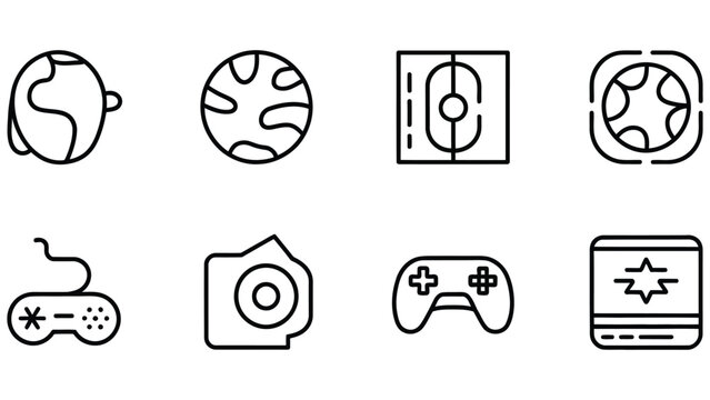 Black line icons of various gaming objects on transparent background