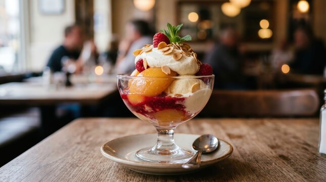 Fruit and cream parfait served on wooden table in cafe