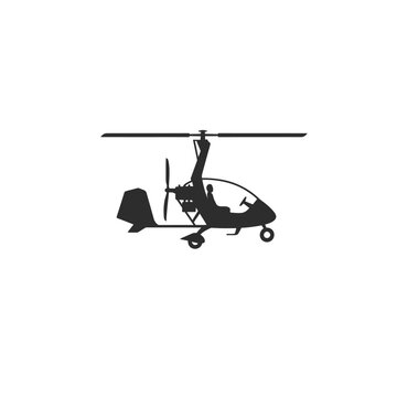 Silhouette of an Autogyro Aircraft with Rotor Blades and Propeller in Flight Isolated on White Background