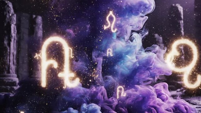Ilustrasi Nebula Kosmik Ungu-Biru. Gambar menampilkan ilustrasi digital abstrak berupa gumpalan asap nebula berwarna ungu dan biru dengan kilau cahaya galaksi di pusatnya, berada di tengah latar rerun