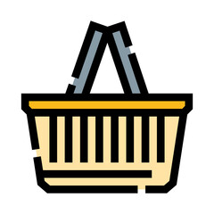 Shopping basket in a flat icon color line style, an essential symbol for retail, grocery stores, market consumerism, and e commerce shopping experiences © vectorwin