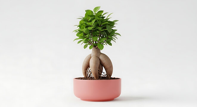 Elegant Ficus Microcarpa Ginseng Bonsai Tree with Lush Green Foliage and Thick Aerial Roots in a Modern Pink Ceramic Pot Isolated on a Clean White Background
