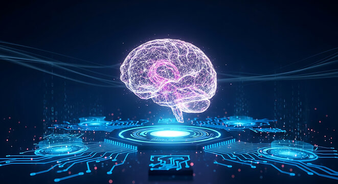 Glowing digital brain over circuit board with binary code