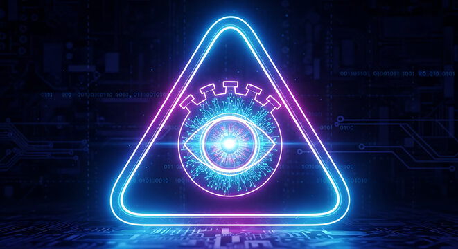 Digital cybersecurity concept featuring a luminous neon warning triangle with a malicious software icon and an all-seeing cyber eye on a dark, futuristic technological circuit background.