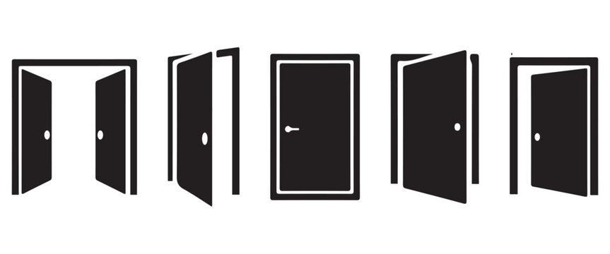  Black Door Icon Set &ndash; Open and Closed Doorway Vector Symbols Collection Web