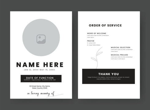 Funeral Template for Memorial Program. Minimalist Funeral ainvitation Card Bifold Brochure Design Layout.