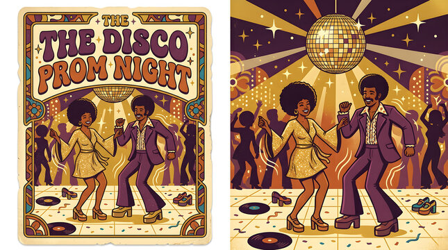 1970s disco prom night illustration with dancing teenagers under mirror ball