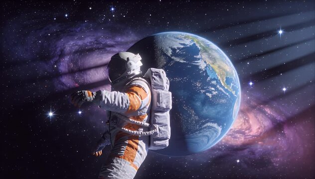 Space Astronaut floating in space near Earth and galaxy with stars, cosmic exploration, planetary view, and universe light creating dramatic wonder scene