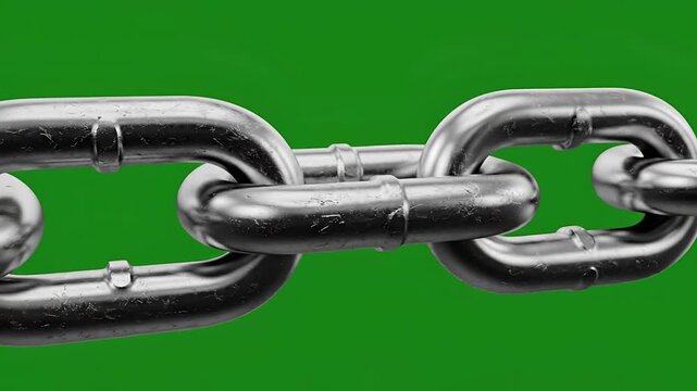 Close up of a strong metal chain link on a green background.
