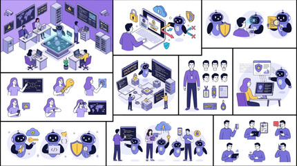 Fototapeta premium Artificial Intelligence Cybersecurity Vector Set Featuring Characters Implementing Secure Data Protection Protocols and Privacy Measures via Advanced AI Powered Network Technology Solutions