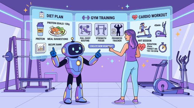 Futuristic artificial intelligence robot personal trainer instructing fitness workout in digital gym environment, virtual coach managing health cardio and protein diet plan, vector illustration.