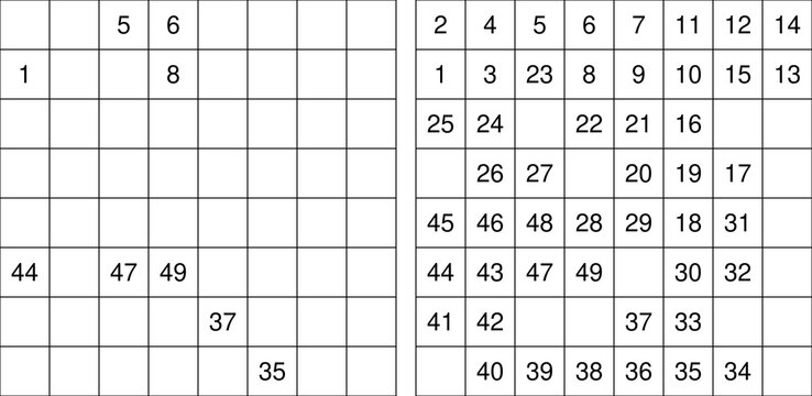 Hidato puzzle series with numbered grids and complete solution paths. Clean vector logic game for brain training, printables, and activity books