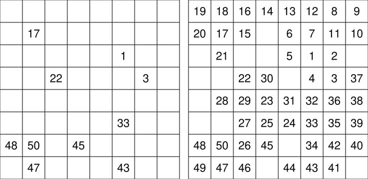 Hidato puzzle series with numbered grids and complete solution paths. Clean vector logic game for brain training, printables, and activity books