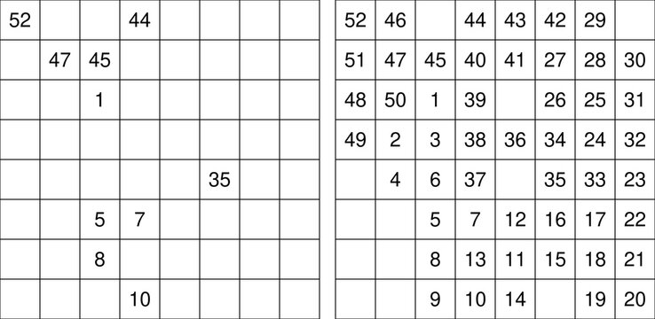 Hidato puzzle series with numbered grids and complete solution paths. Clean vector logic game for brain training, printables, and activity books